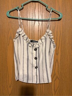 Rani Arabella White Cami with Navy Stripe & Ruffle Neckline